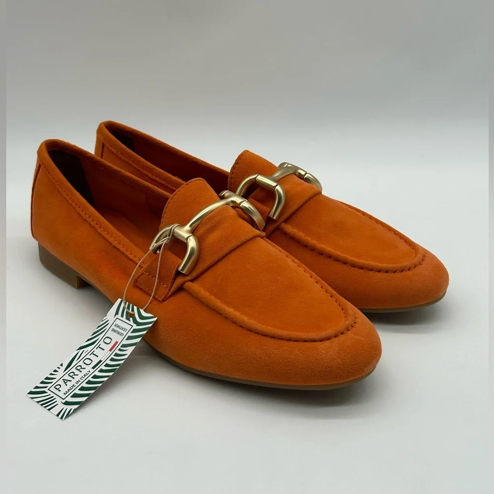 Parrotto Italian Women’s Suede Loafers Orange Gold Horsebit EU 39 NWB - Picture 4 of 13